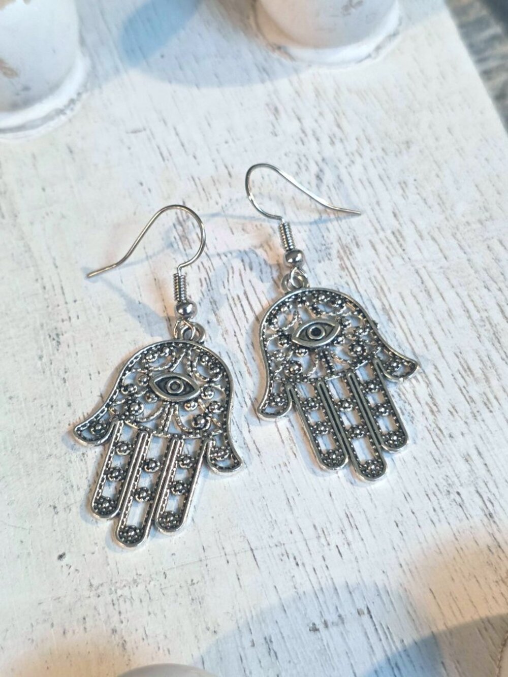 Hamsa Hand Amulet Evil Eye Protection Antiqued Silver Plated Dangle Earrings